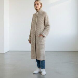 Vintage Long Wool Button Down Coat Jacket Cardigan Cable Knit Women's Medium